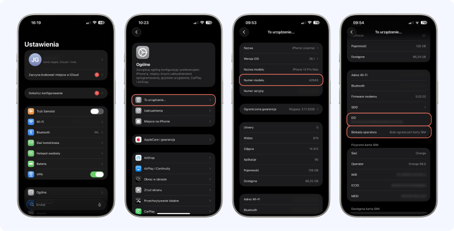 Instrukcja sprawdzania eSIM w iPhone – Ustawienia → Ogólne → To urządzenie → EID / brak ograniczeń SIM