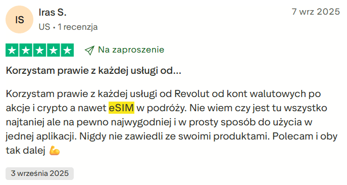 Komentarz z Trustpilot o eSIM Revolut – łatwa konfiguracja, ale ograniczony zasięg internetu