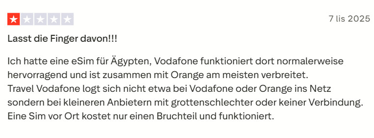 Negatywna opinia użytkownika o eSIM Vodafone – problem z działaniem karty w Egipcie