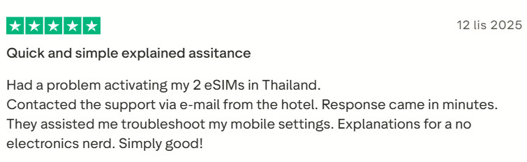 Pozytywna opinia o eSIM Vodafone – szybka pomoc techniczna przy aktywacji w Tajlandii