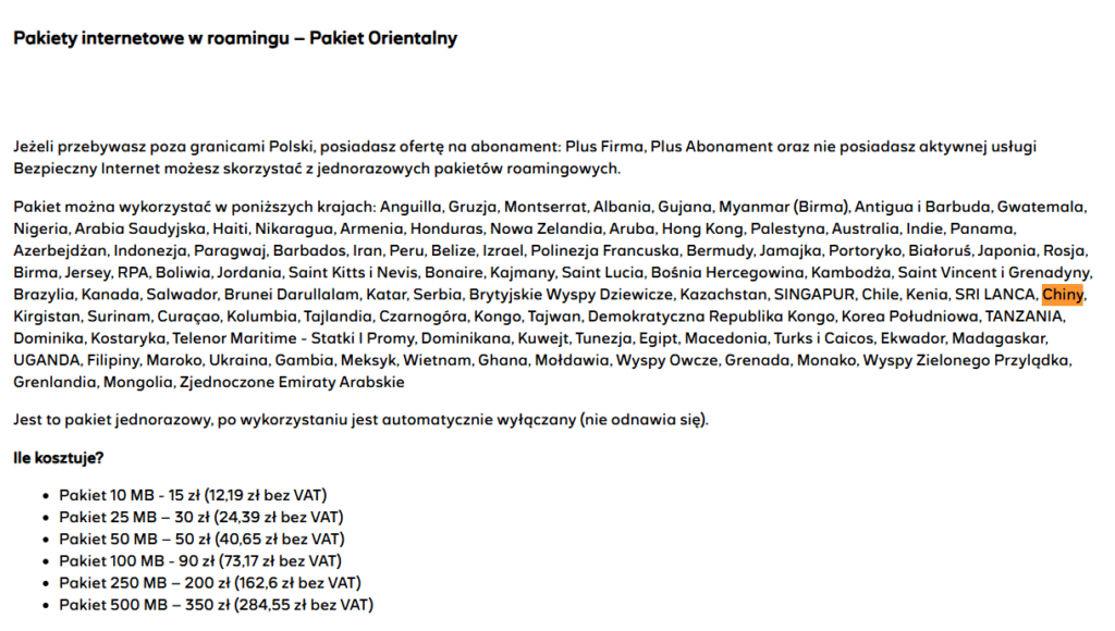 Plus – pakiet orientalny z dostępem do internetu w Chinach