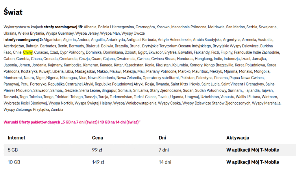 T-Mobile – pakiety danych w roamingu światowym (Chiny, 5–10 GB)