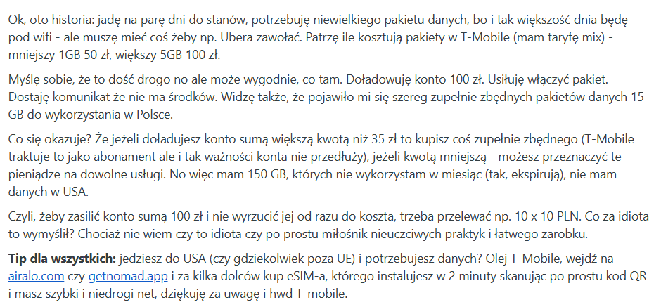 Opinia użytkownika o pakietach roamingowych T Mobile w USA i problemach z doladowaniem