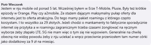 Komentarz użytkownika o problemach z połączeniem LTE w roamingu nju mobile