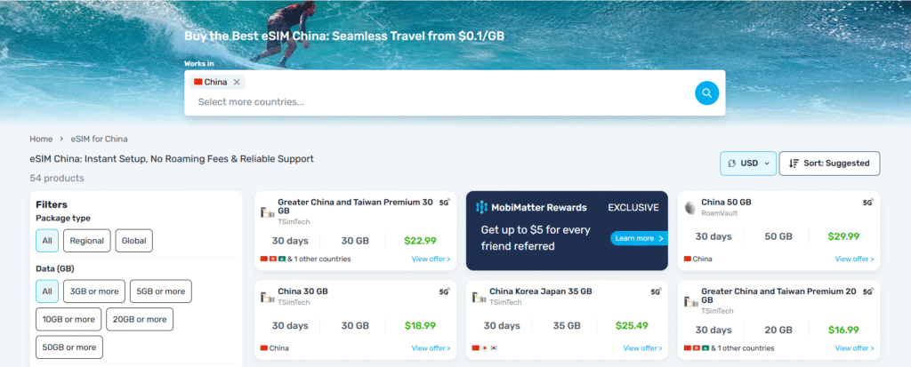eSIM Chiny MobiMatter – duży wybór regionalnych pakietów