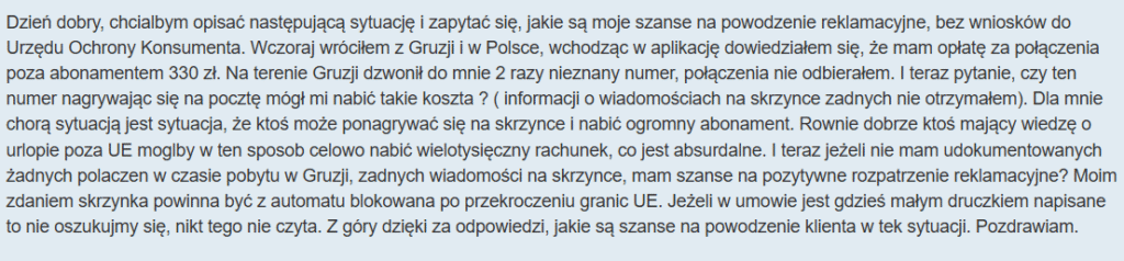 Opinia o wysokich kosztach roamingu Plus w Gruzji i naliczaniu oplat za polaczenia na poczte