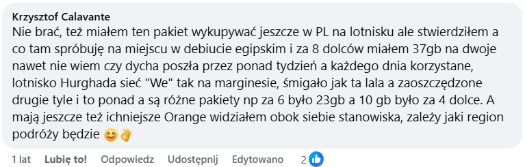 Opinia użytkownika porównująca lokalne pakiety internetu mobilnego w Egipcie z ofertami kupionymi w Polsce