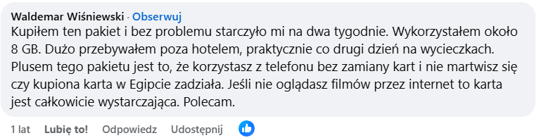 Opinia użytkownika o zużyciu danych mobilnych w Egipcie podczas wycieczek poza hotelem