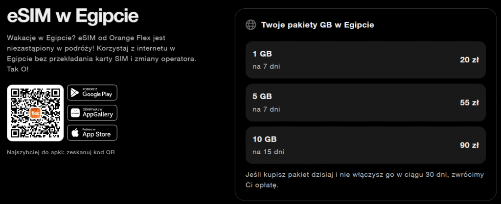eSIM Orange w Egipcie – pakiety internetu 1 GB 5 GB i 10 GB w Orange Flex