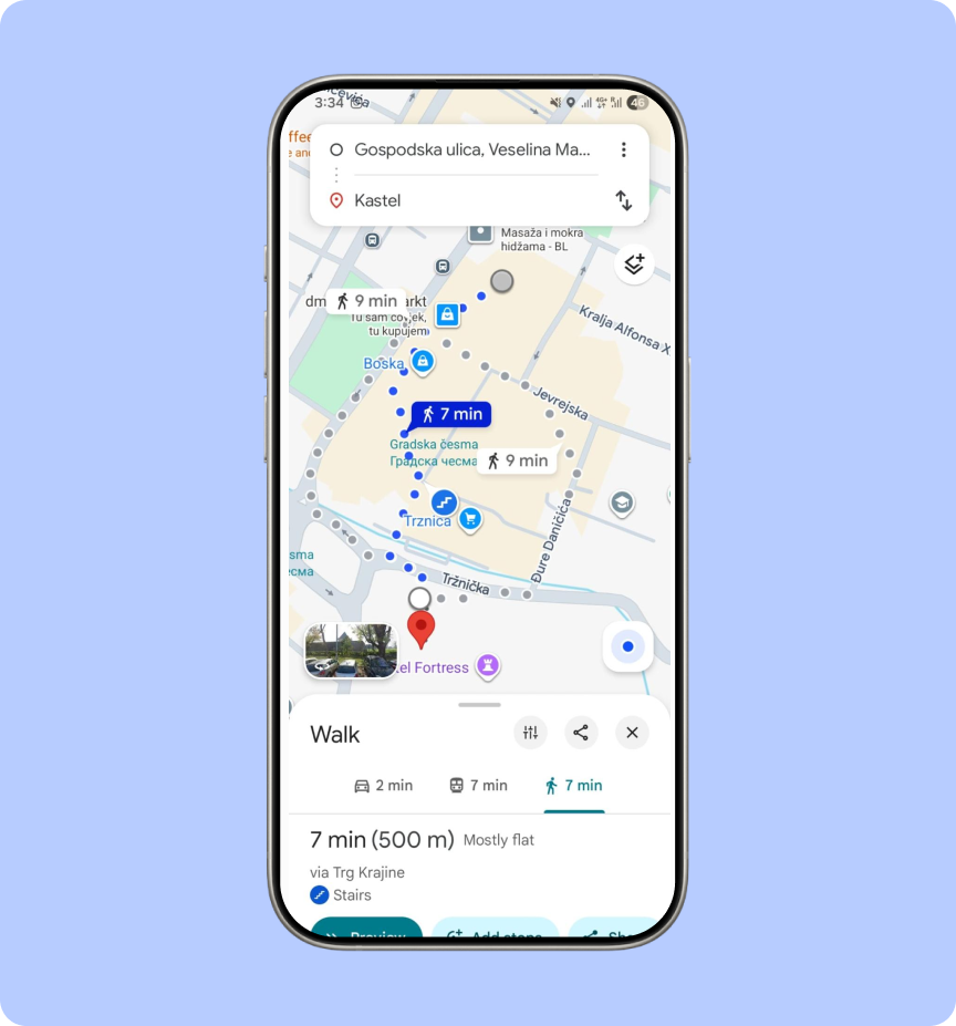 Trasa piesza w Google Maps w centrum Banja Luki