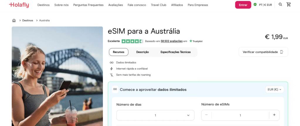 Fornecedores eSIM Austrália: Holafly