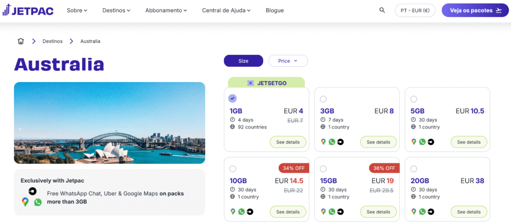 Fornecedores eSIM Austrália: Jetpac