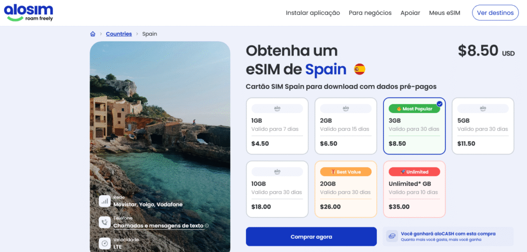 Fornecedores eSIM Espanha: aloSIM