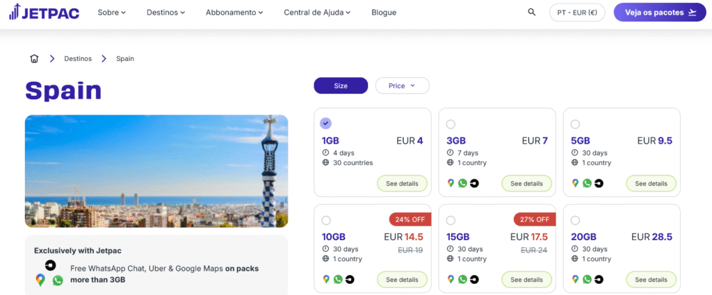 Fornecedores eSIM Espanha: Jetpac