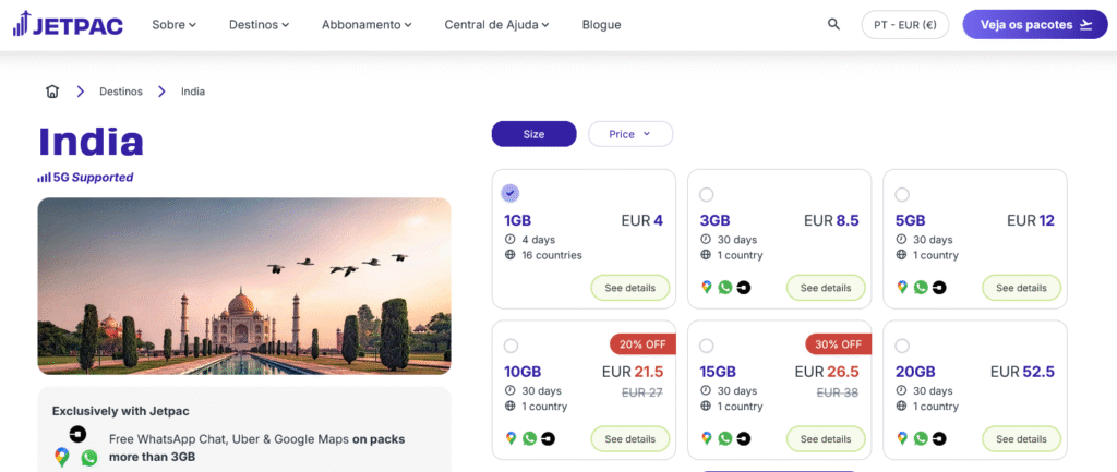 Fornecedores eSIM Índia: Jetpac