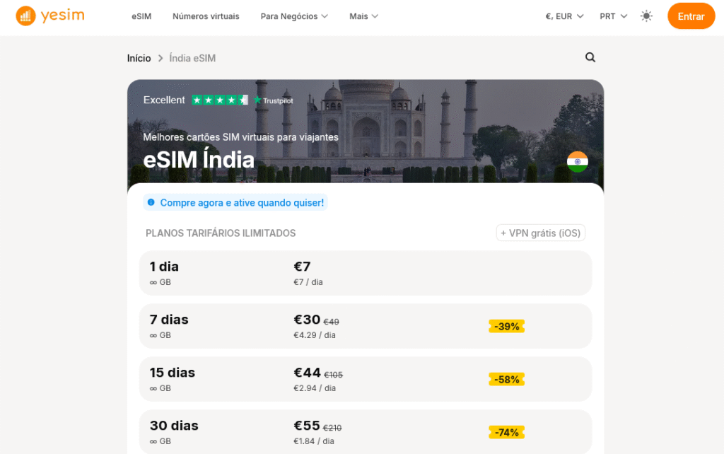 Fornecedores eSIM Índia: Yesim