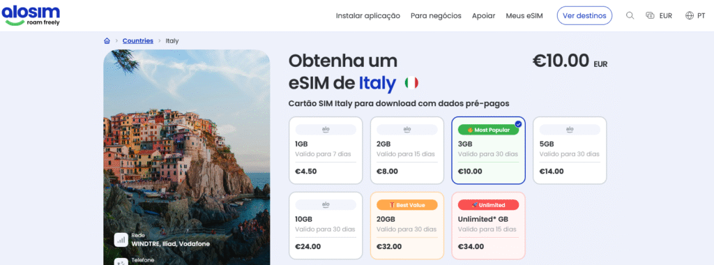 Fornecedores eSIM Itália: aloSIM