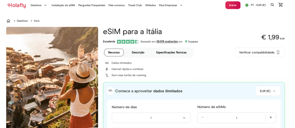 Fornecedores eSIM Itália: Holafly