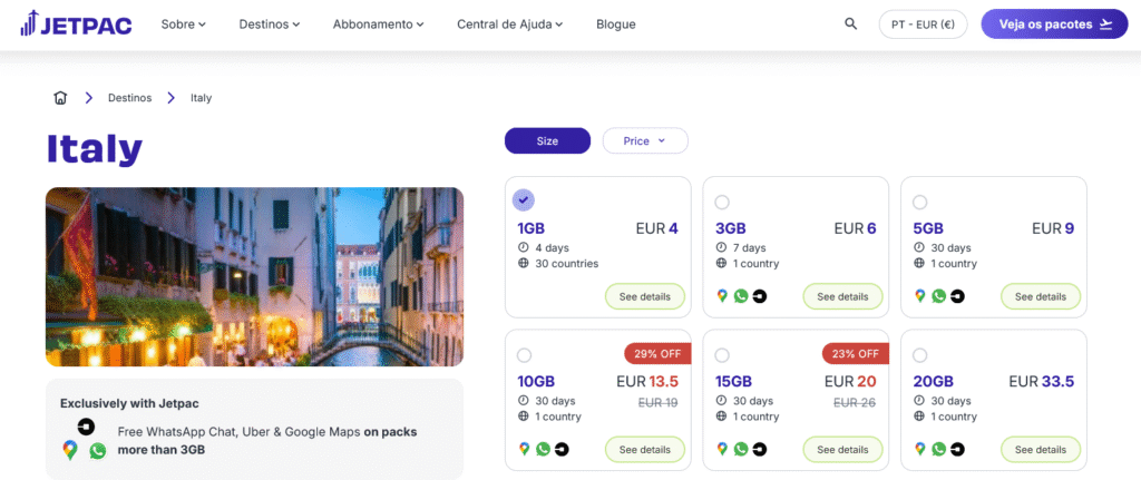 Fornecedores eSIM Itália: Jetpac
