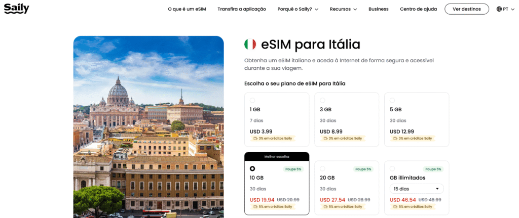 Fornecedores eSIM Itália: Saily