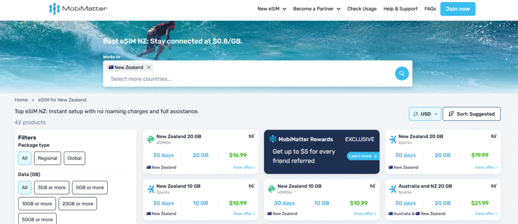 Fornecedores eSIM Nova Zelândia: MobiMatter