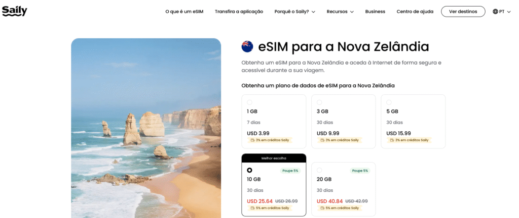 Fornecedores eSIM Nova Zelândia: Saily
