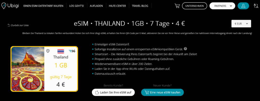 Fornecedores eSIM Tailândia: Ubigi