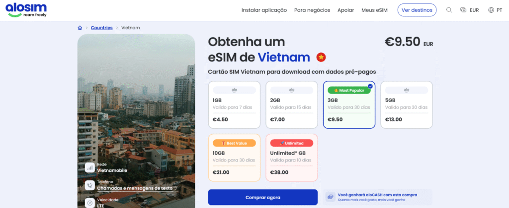 Fornecedores eSIM Vietname: aloSIM