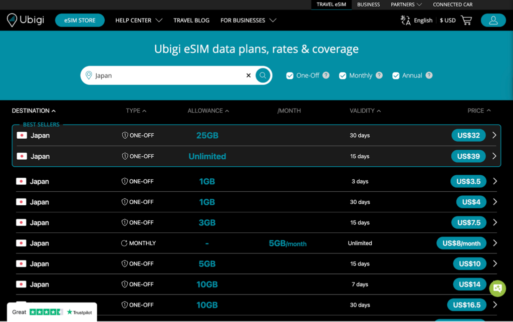 ubigi esim, roaming japan alternative