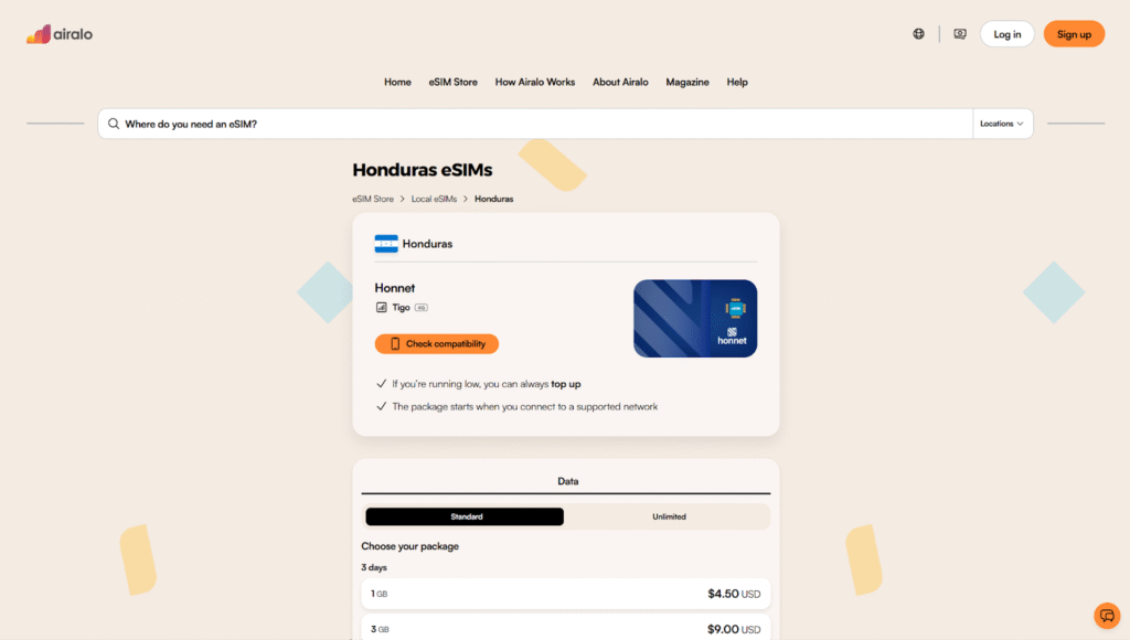 airalo homepage, honduras esim