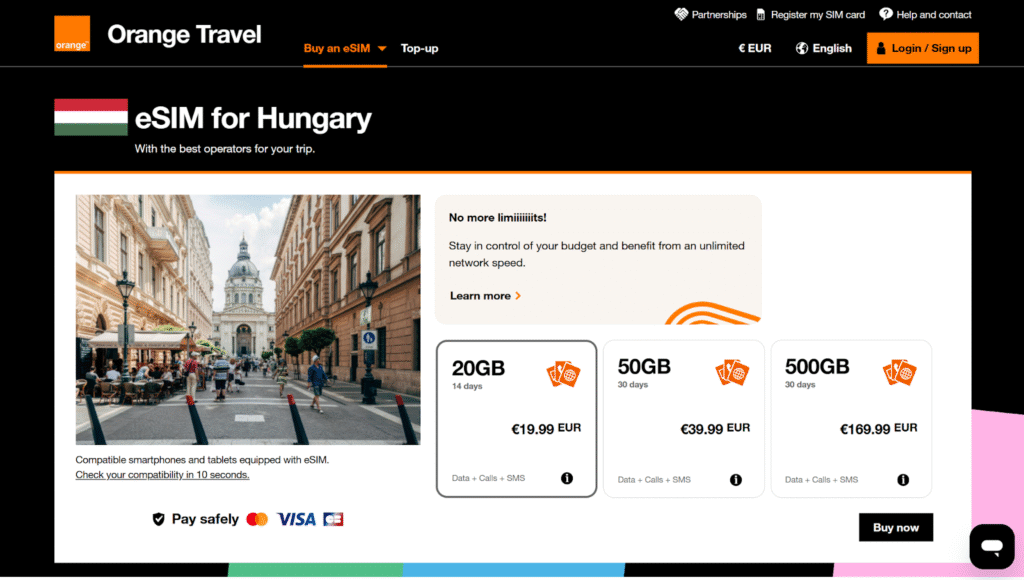 orange travel hungary esim homepage