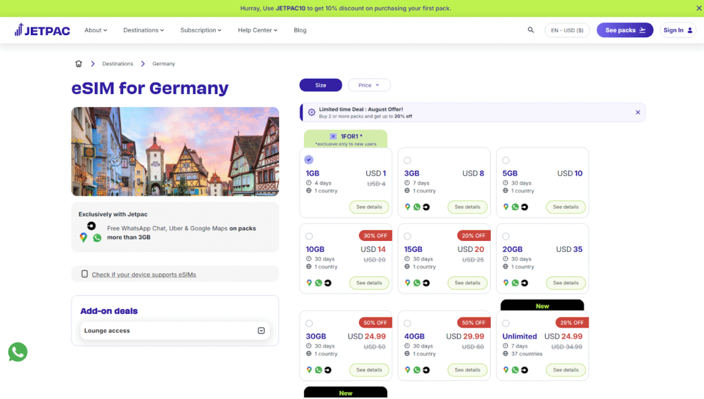 jetpac eSIM Germany landing page