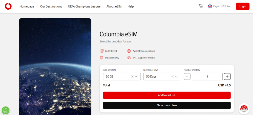 vodafone, esim for colombia