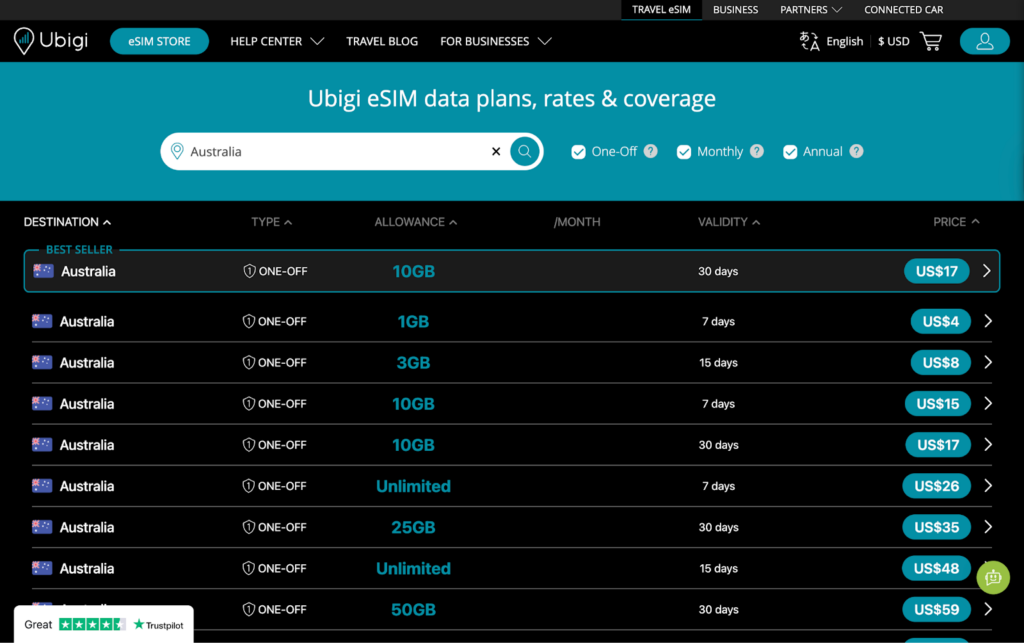 ubigi esim, honolulu pocket wifi alternative
