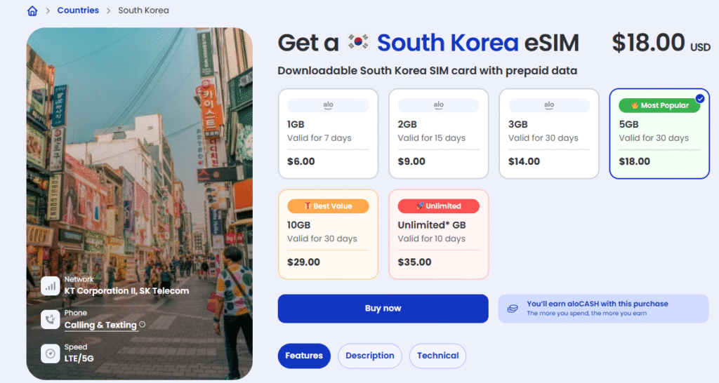alosim south korea esim page