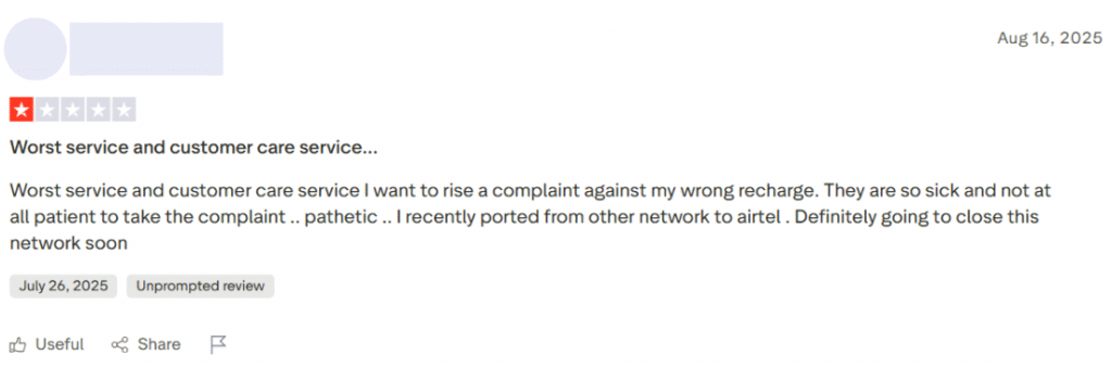 negative customer review on airtel on trustpilot