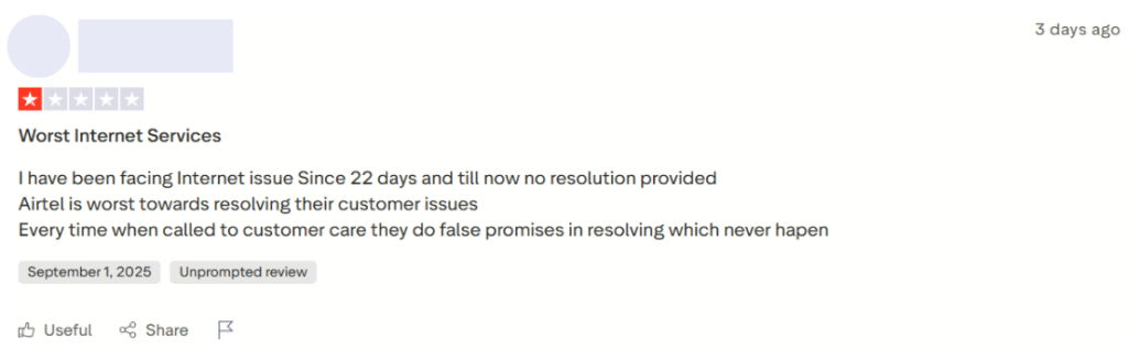 trustpilot negative customer review of airtel