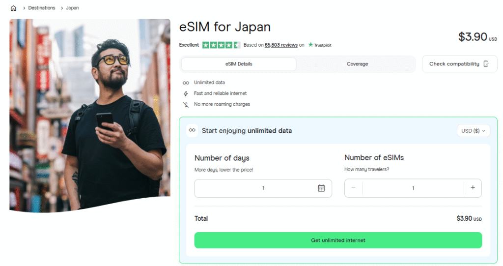 holafly homepage, best japan esim provider