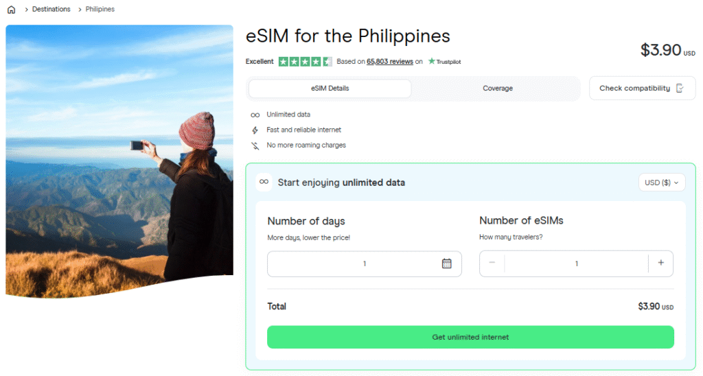 best philippines esim provider: holafly homepage