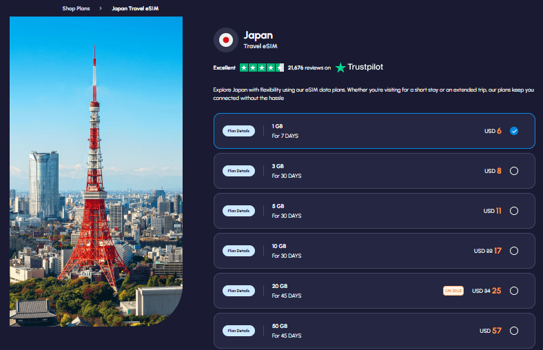 nomad esim, japan esim provider homepage