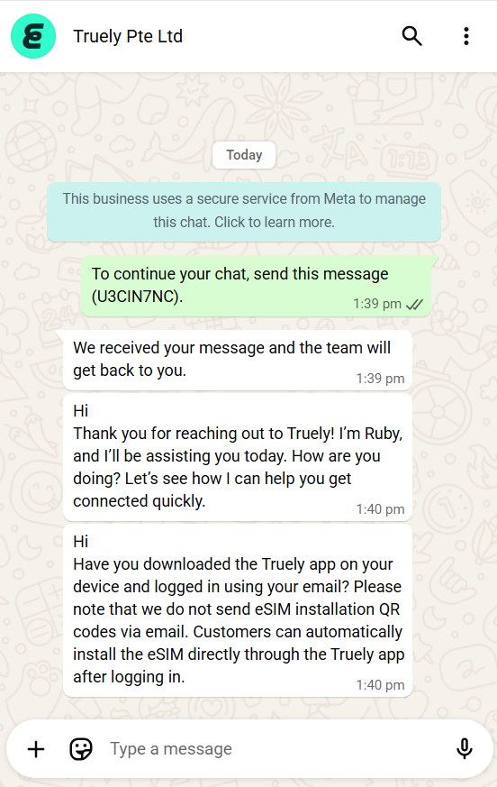 truely esim customer support on whatsapp