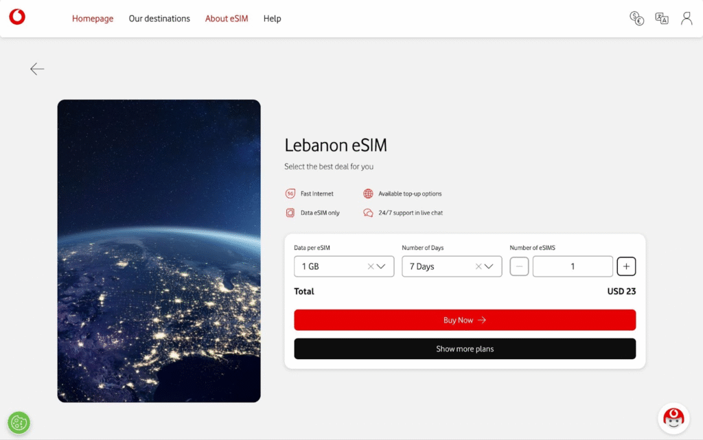 vodafone esim provider for lebanon