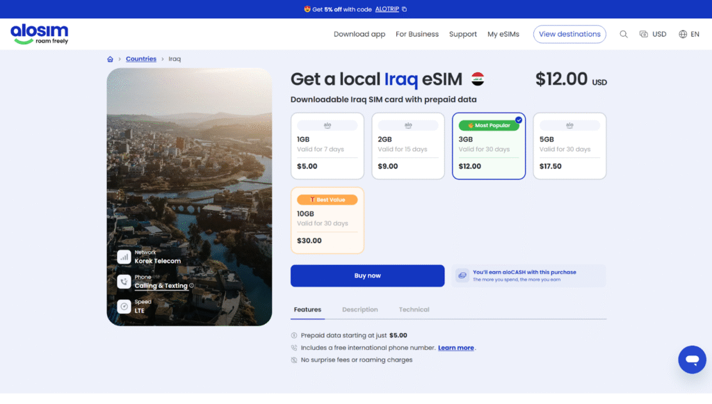 best esim for iraq: alosim homepage