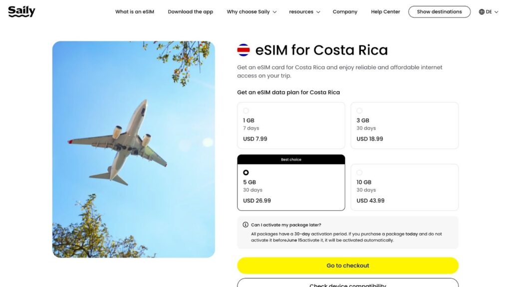 best costa rica esim provider: saily homepage