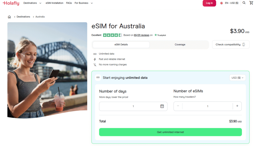 best esim for australia, holafly homepage