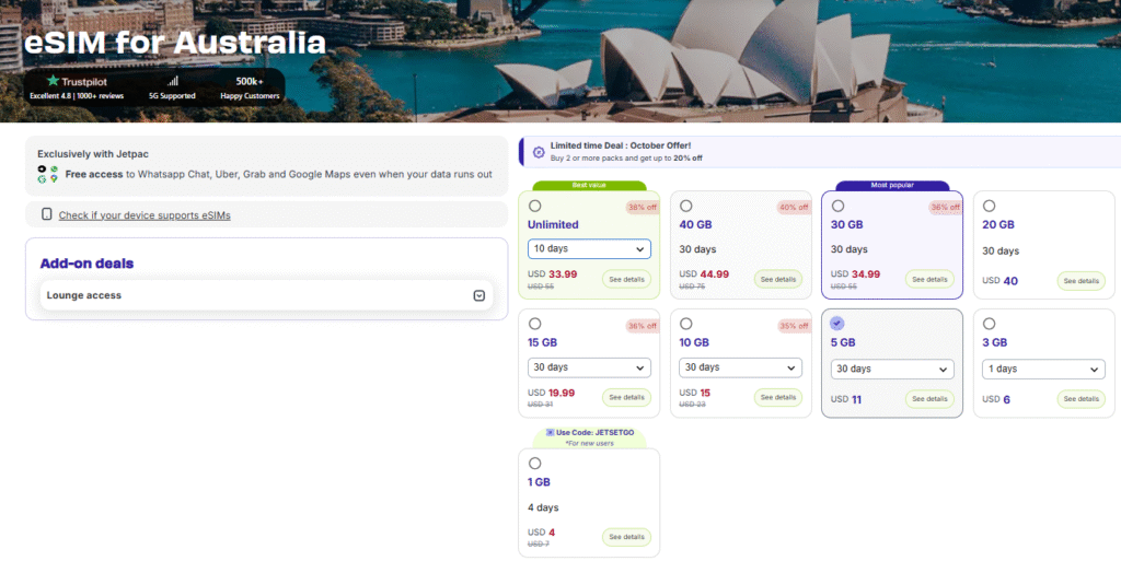 jetpack, australia esim provider homepage