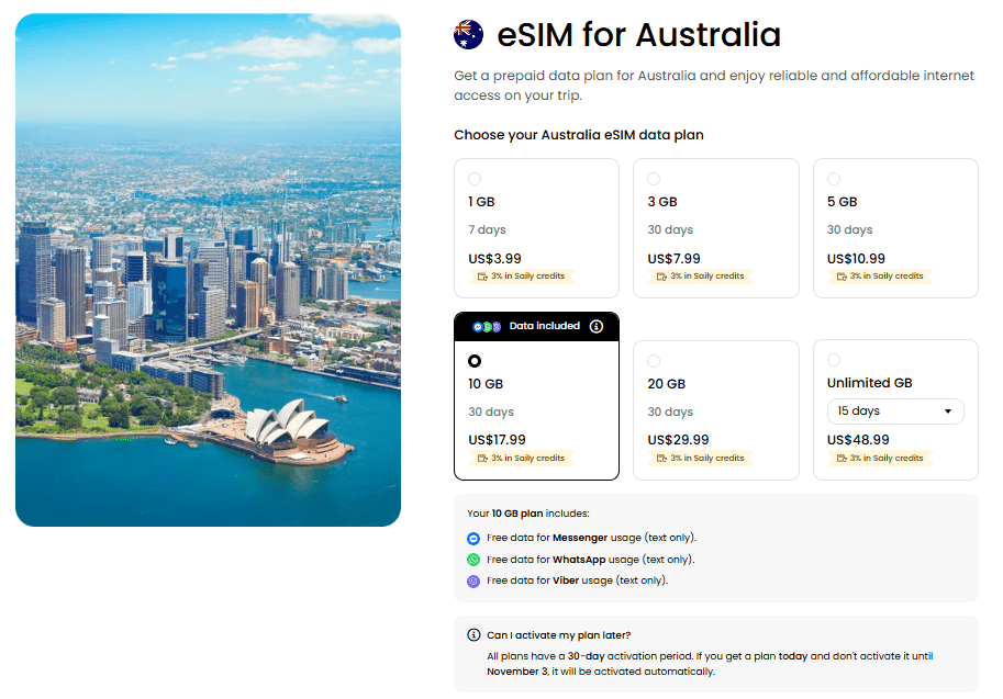 saily homepage, best australia esim provider