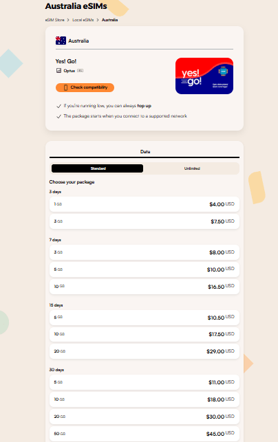 airalo hoempage, australia esim provider