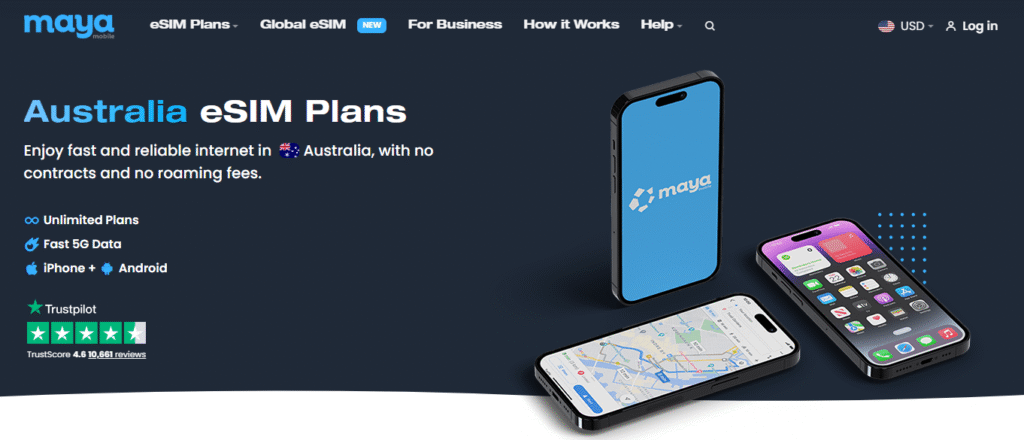 maya mobile homepage, best australia esim provider