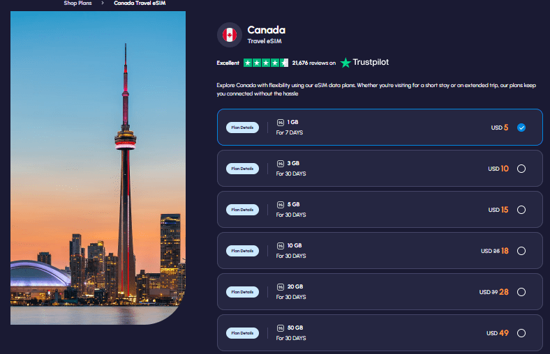nomad homepage, canada esim provider